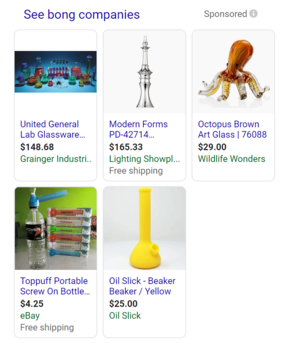 Google Shopping ads for glassware and smoking accessories