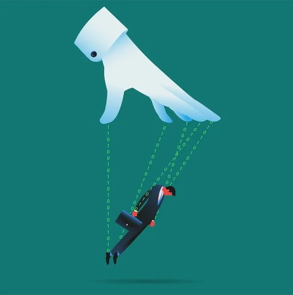 Giant hand controlling a businessman like a puppet on strings