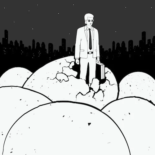 Illustrated businessman standing on a cracked egg in front of a city skyline