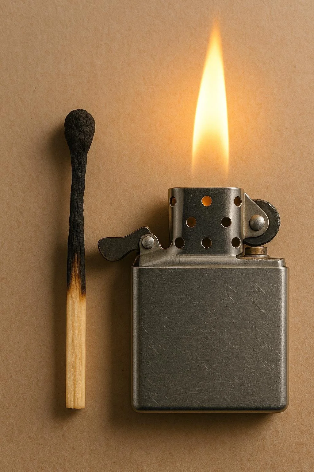 Burnt-out match standing next to a lit lighter
