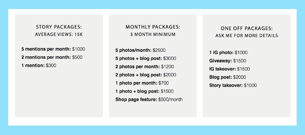 Lifestyle blogger’s rate card listing Instagram story, monthly and one-off sponsorship packages