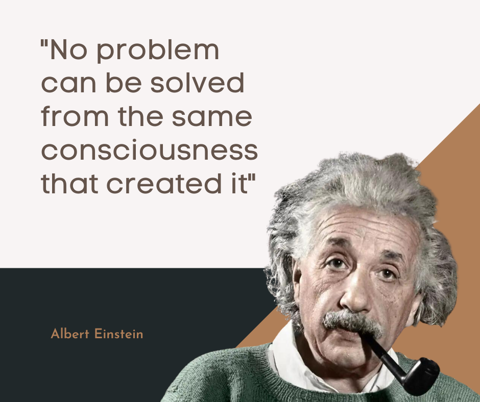 Albert Einstein quote card: No problem can be solved from the same consciousness that created it