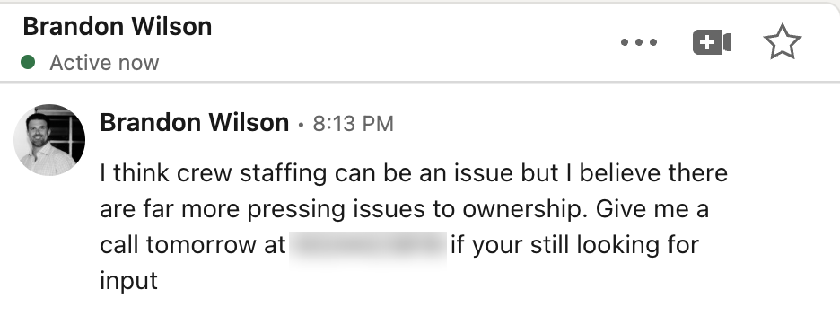 LinkedIn reply from Brandon Wilson: crew staffing matters, but there are more pressing ownership issues