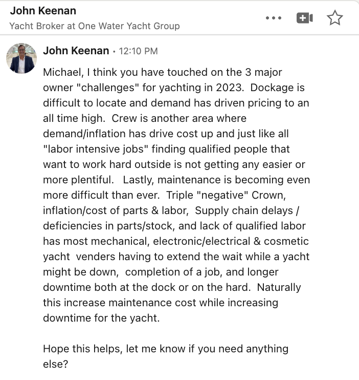LinkedIn reply from John Keenan of One Water Yacht Group naming dockage, crew and maintenance as the biggest owner challenges