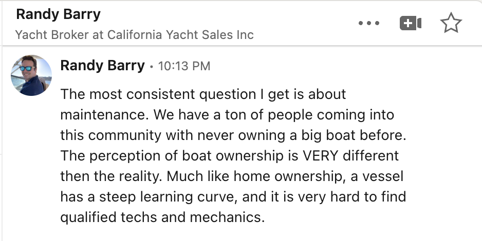 LinkedIn reply from yacht broker Randy Barry on maintenance and finding qualified mechanics