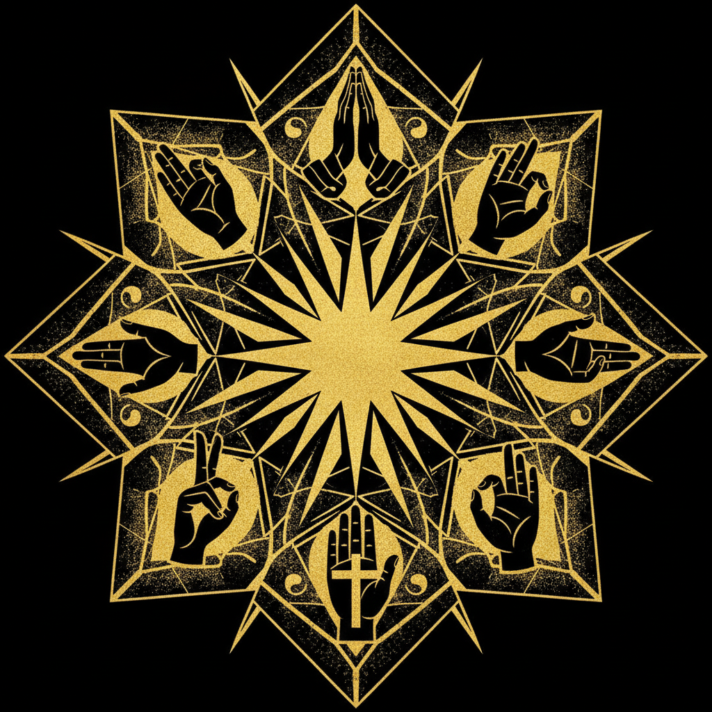 Be Excellent To Each Other: The Actual Golden Rule Hands from different traditions radiating from a central starburst.