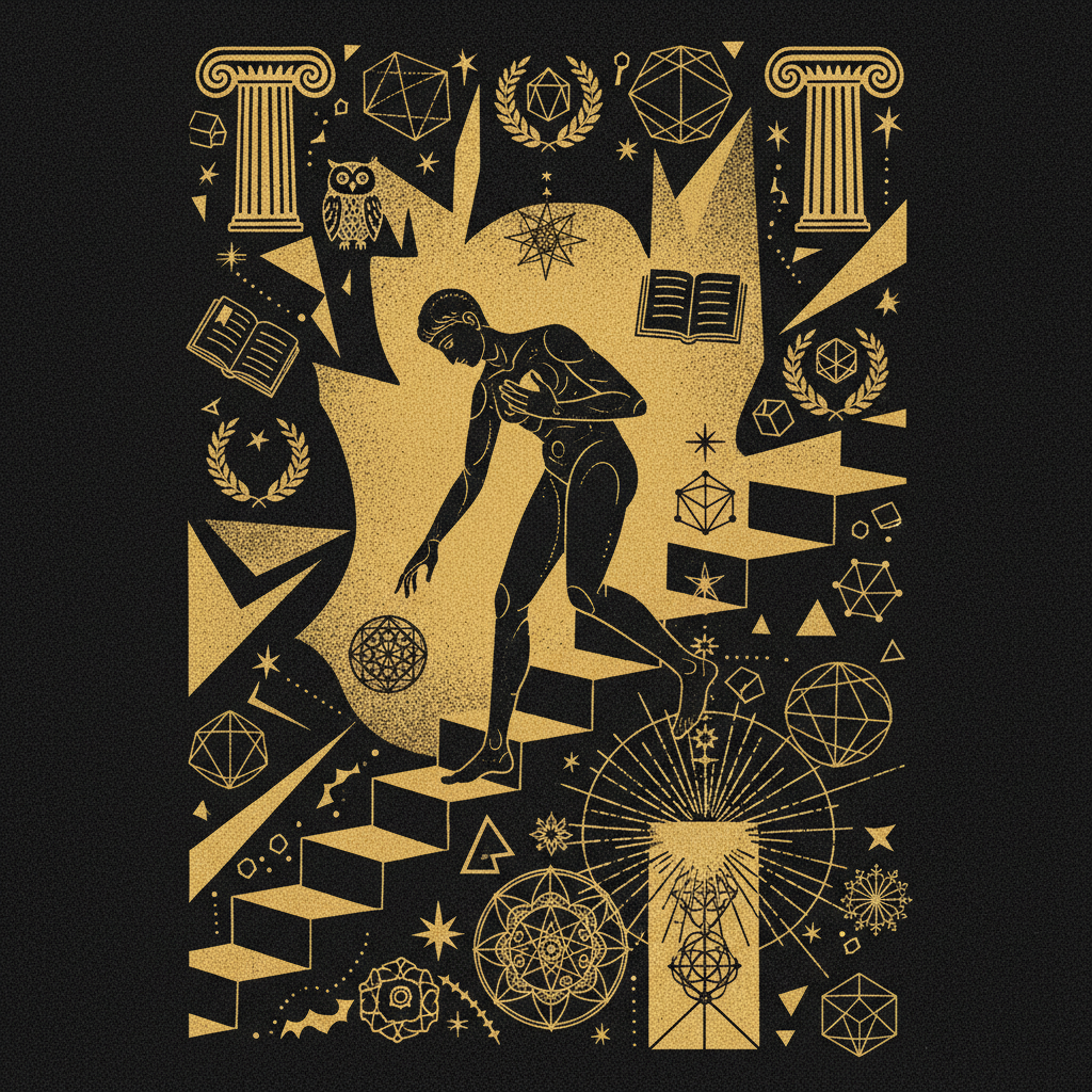 Be Excellent To Each Other: The Actual Golden Rule Figure descending into light, philosophy above /sacred below. Goes between the philosophical lineage and spiritual framework sections.